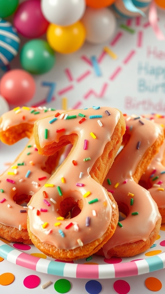 Colorful number 7 donuts decorated with icing and sprinkles on a festive plate.